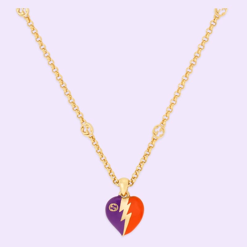 18K GG Interlocking G Heart Lightning Charm Necklace