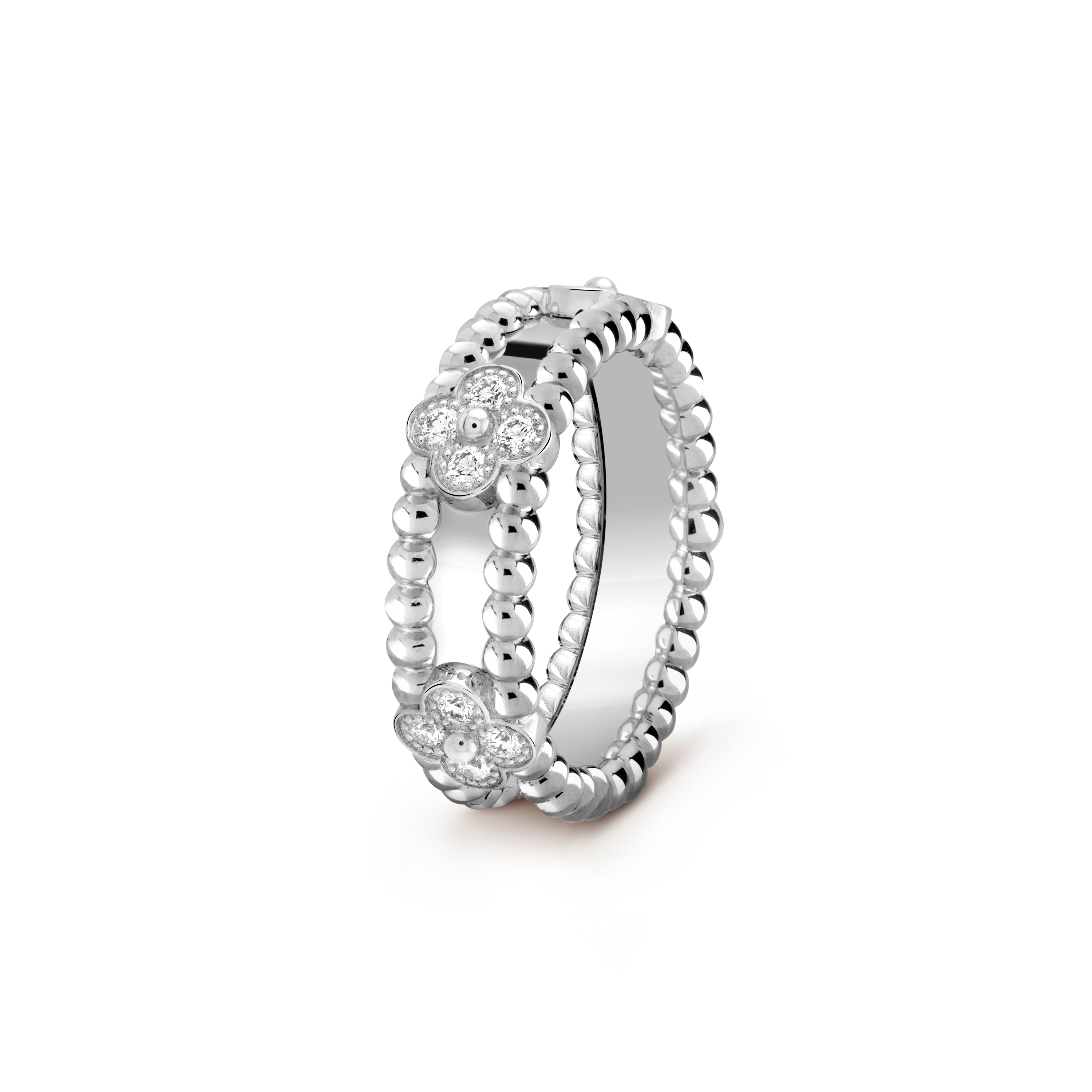 18K White Gold Perlée Clovers Ring