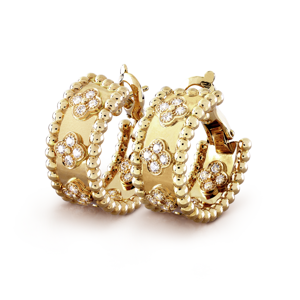 18K Yellow Gold Perlée Clovers Hoop Earrings