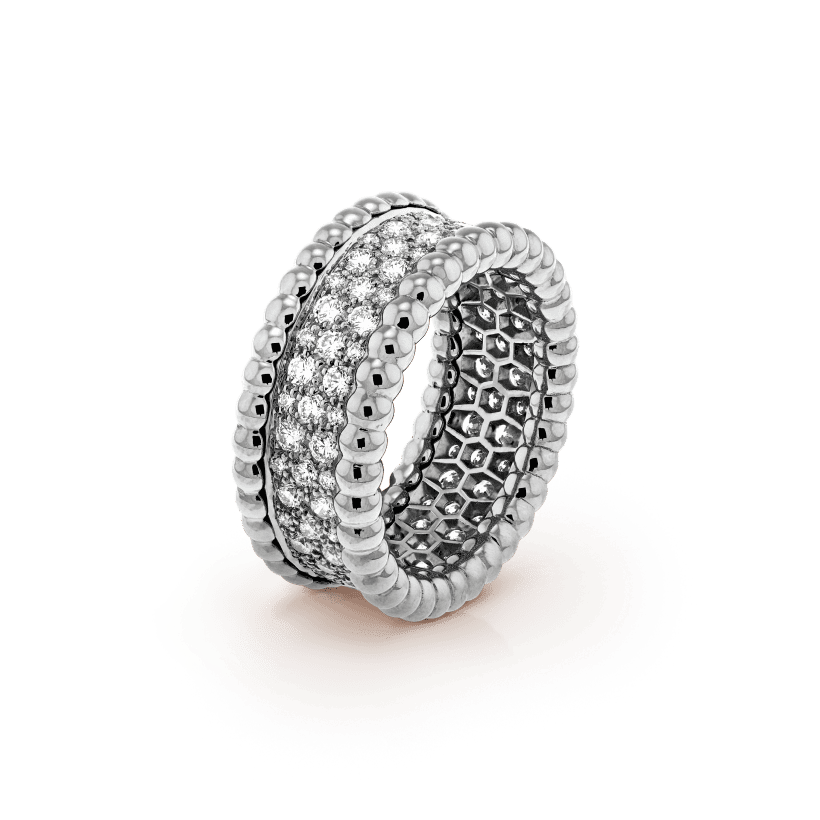 18K White Gold Perlée Diamonds 3 Row Ring