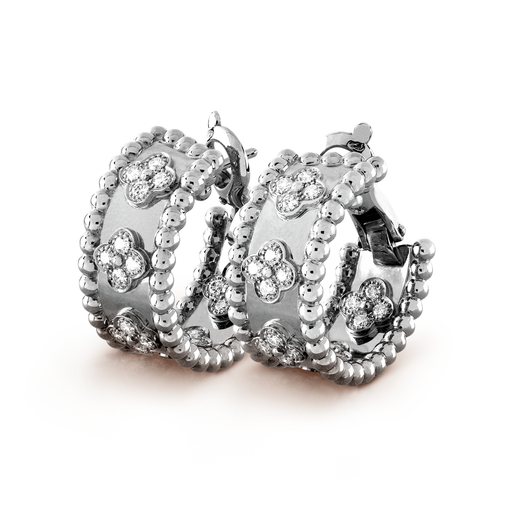 18K White Gold Perlée Clovers Hoop Earrings