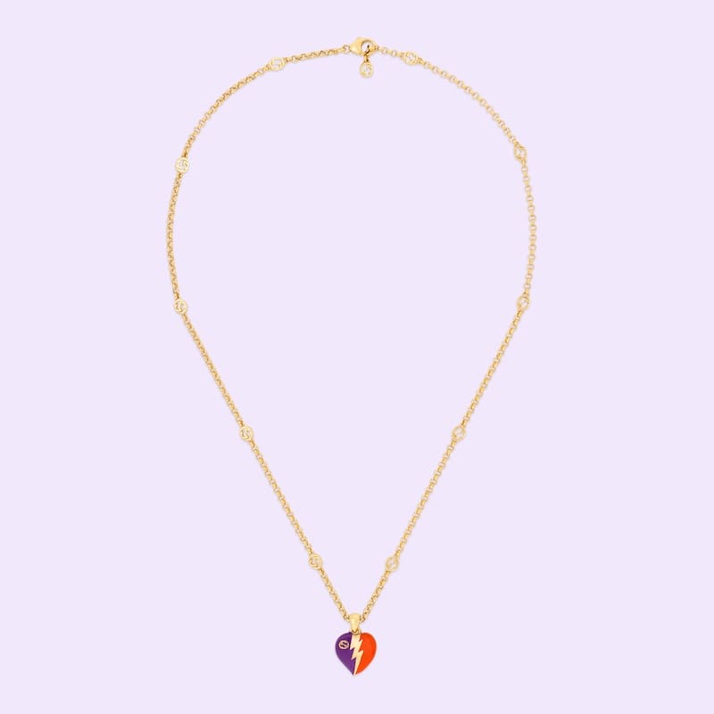 18K GG Interlocking G Heart Lightning Charm Necklace