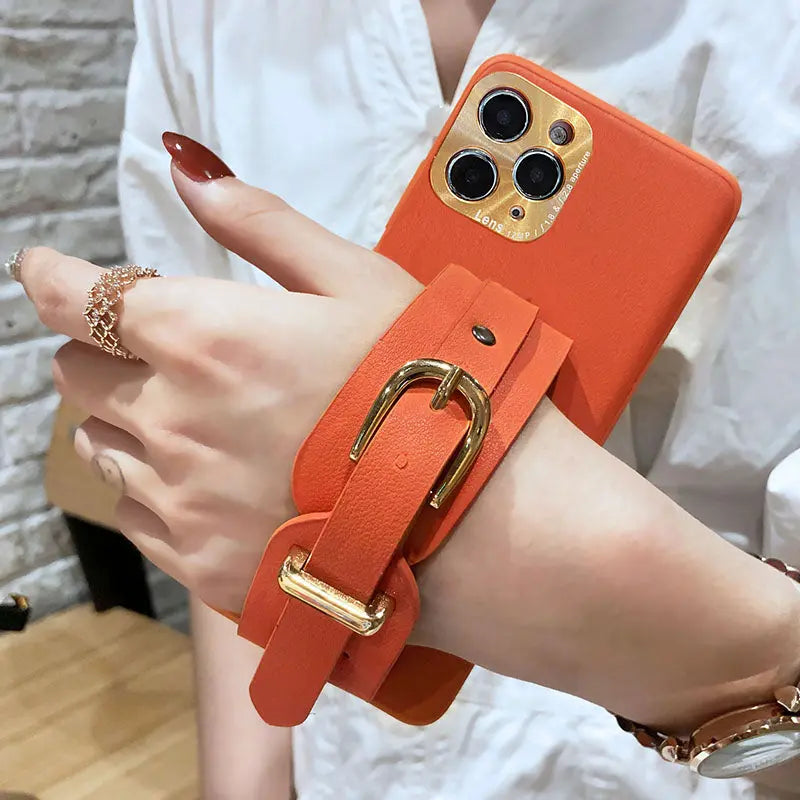 Button Leather Wristband Phone Case