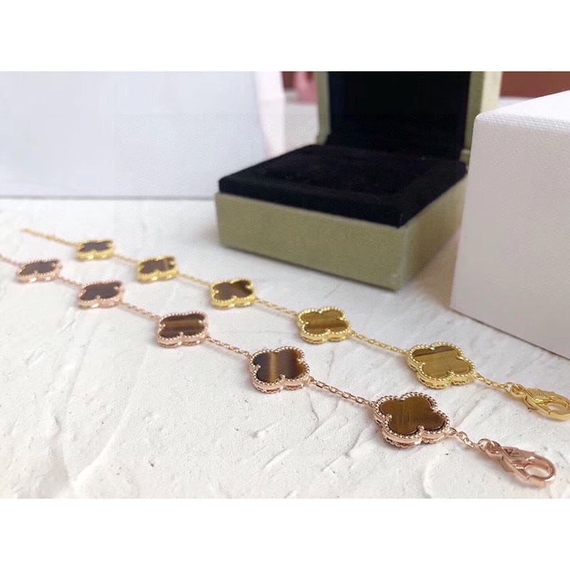 18K Vintage Alhambra Five Motifs Tiger Eye Clover Bracelet