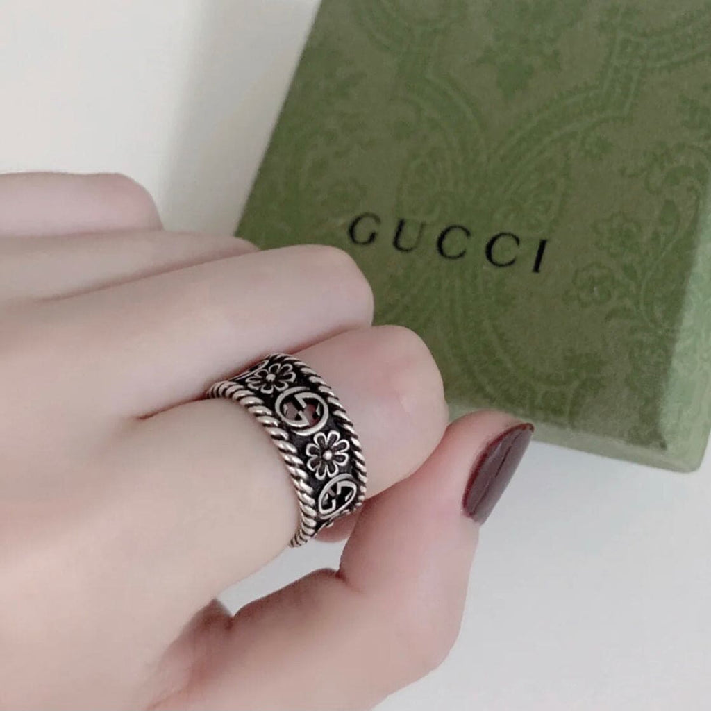 GG Aged Sterling Silver Interlocking G Flower Ring