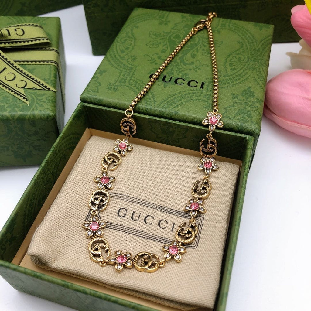 18K GG Interlocking G Red Flowers Necklace