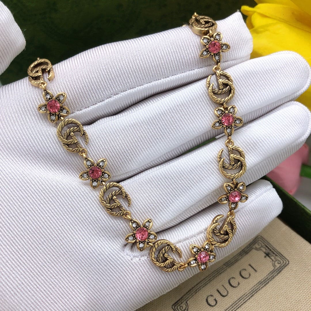 18K GG Interlocking G Red Flowers Necklace