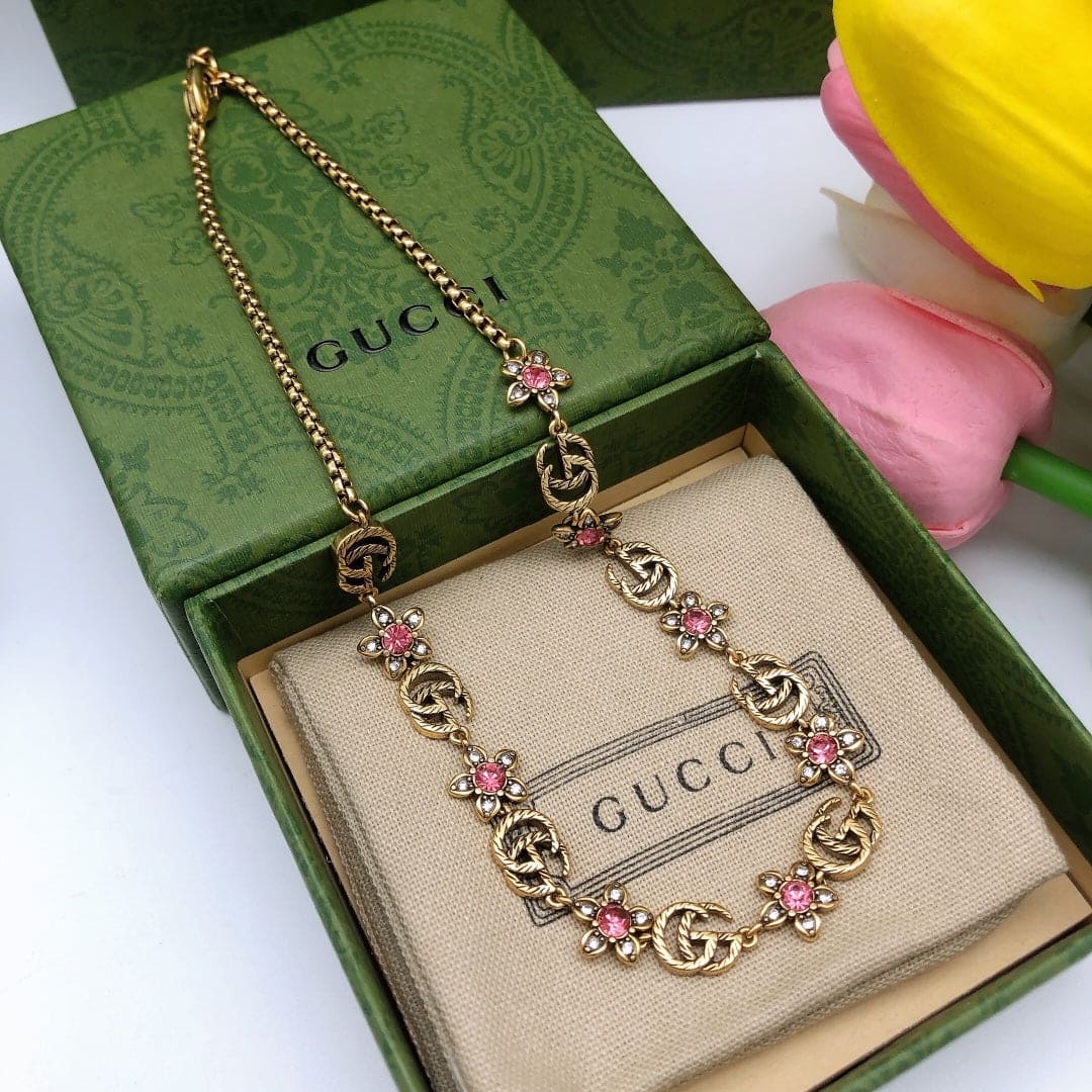 18K GG Interlocking G Red Flowers Necklace