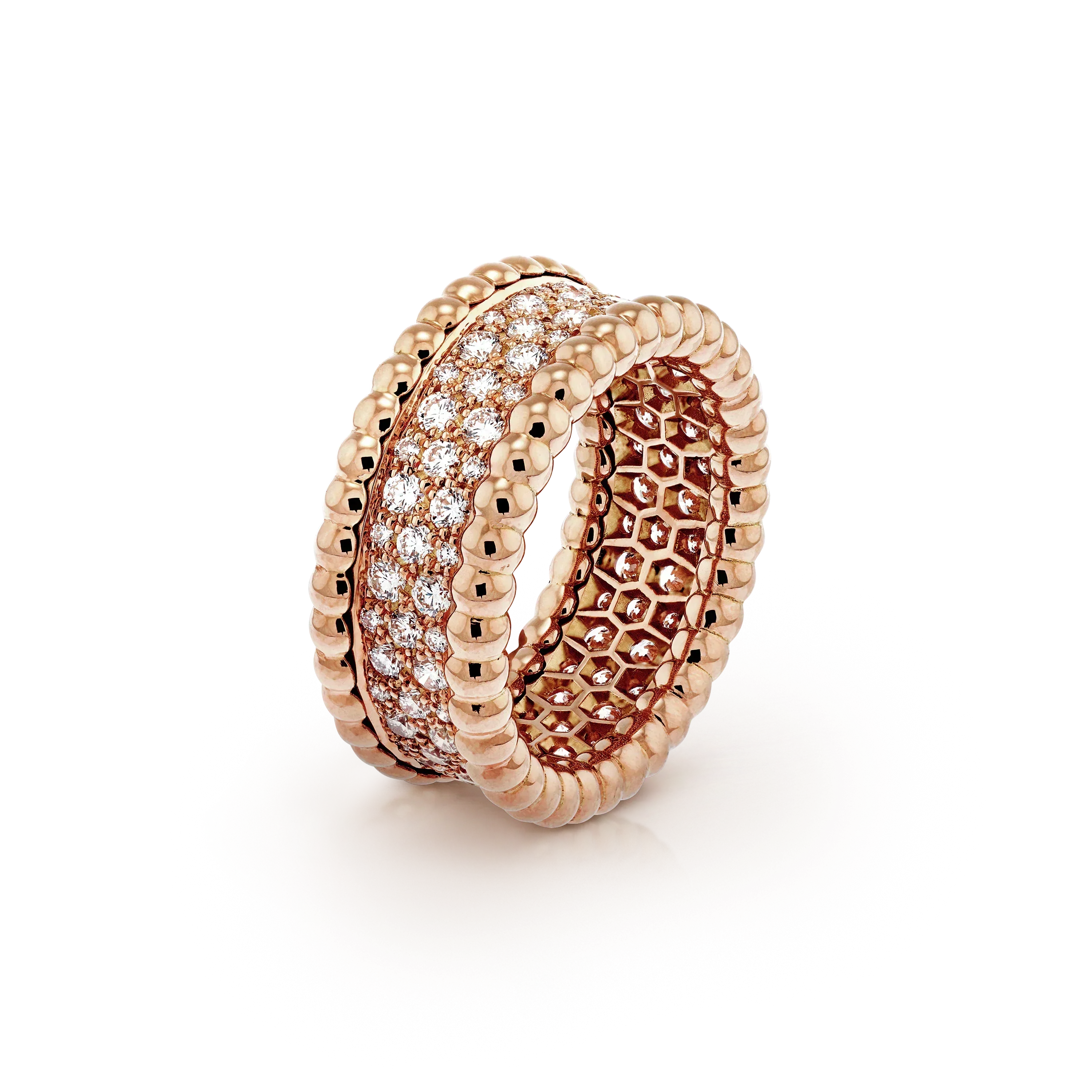18K Rose Gold Perlée Diamonds 3 Row Ring