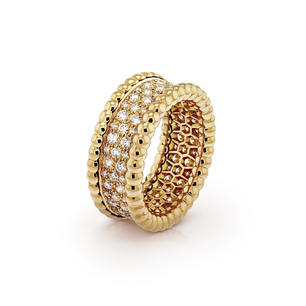 18K Yellow Gold Perlée Diamonds 3 Row Ring
