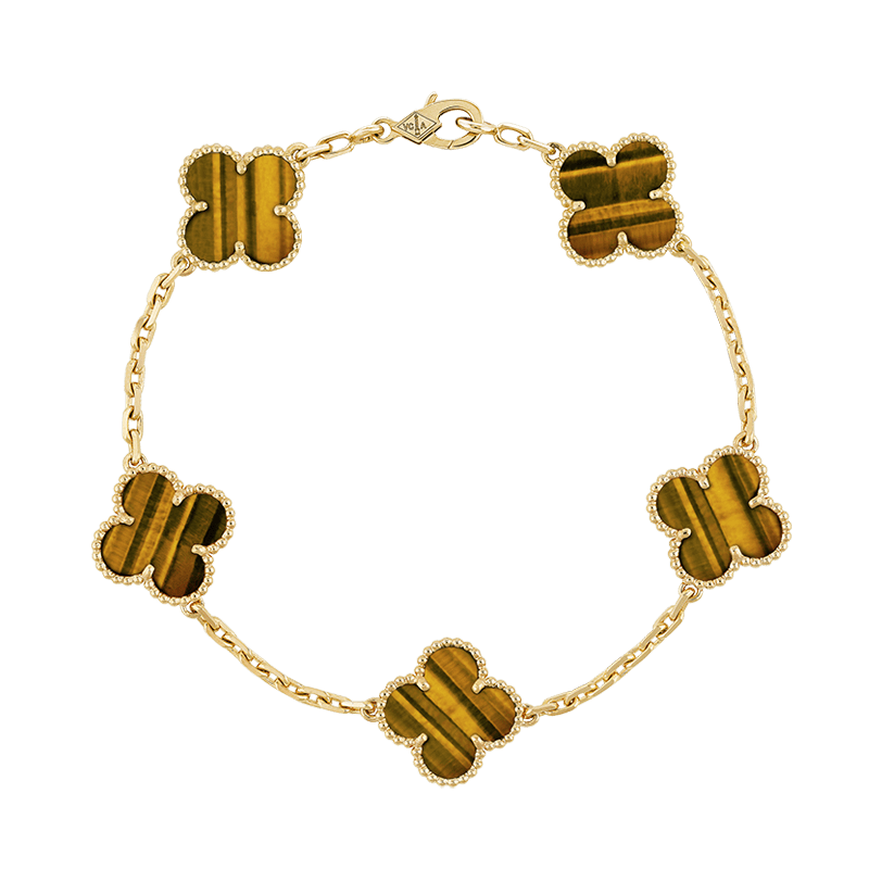 18K Vintage Alhambra Five Motifs Tiger Eye Clover Bracelet