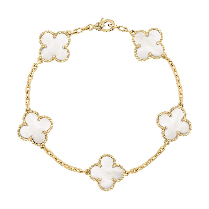 18K Vintage Alhambra Five Motifs Pearl Clover Bracelet