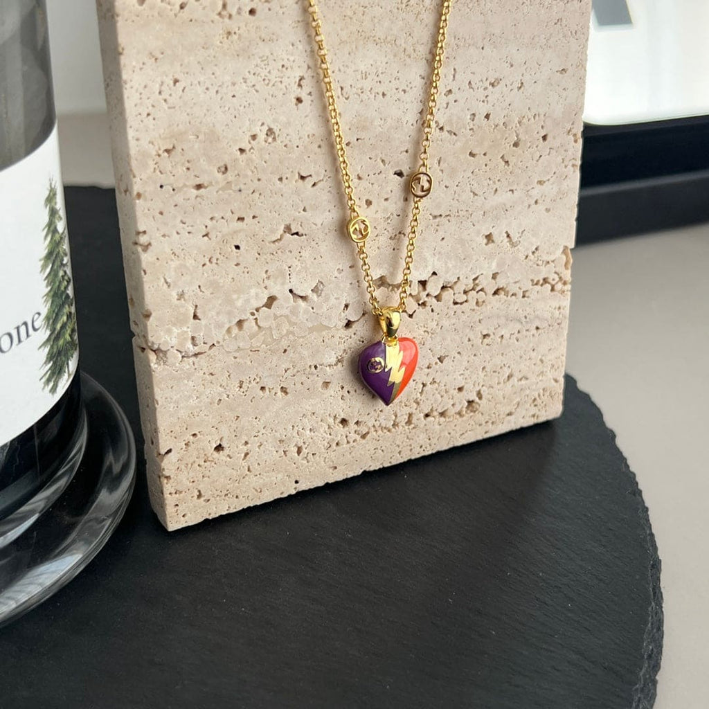 18K GG Interlocking G Heart Lightning Charm Necklace