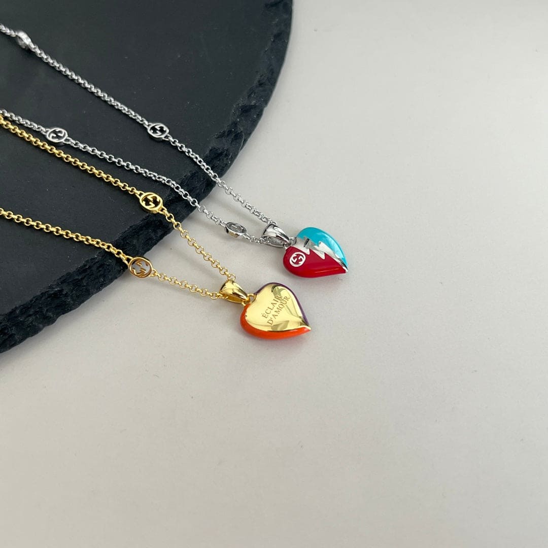 18K GG Interlocking G Heart Lightning Charm Necklace