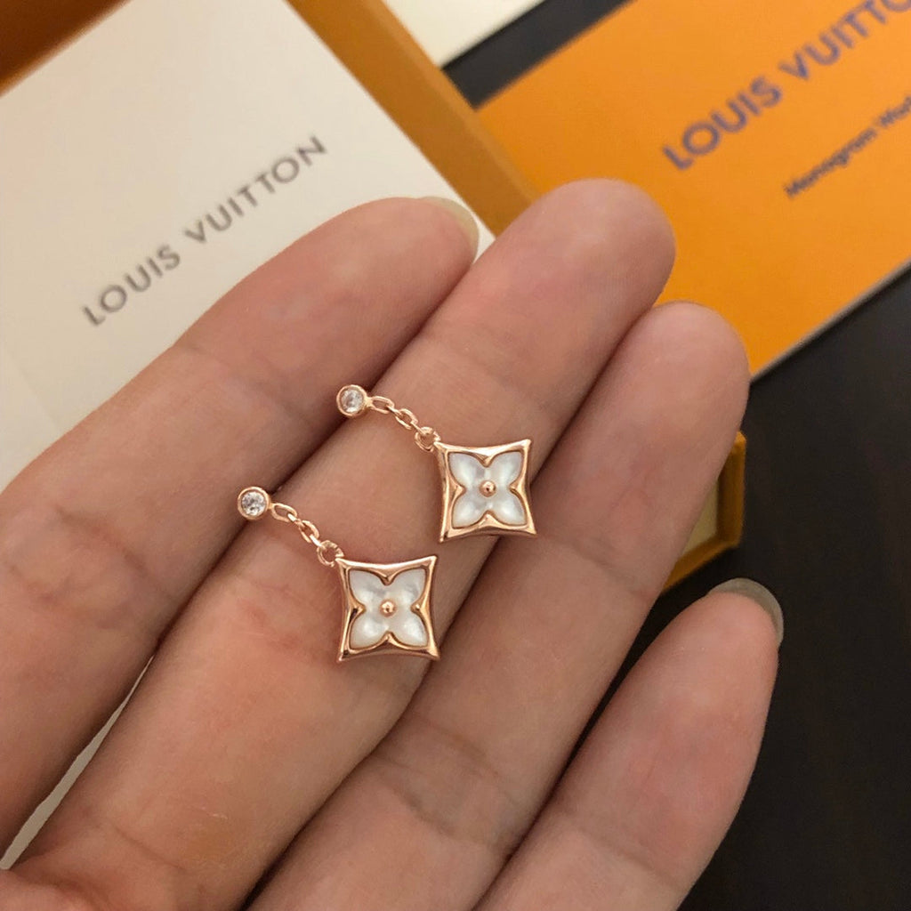 Rhombus-Shaped Floral Natural White Mother-of-Pearl and Diamond Earrings