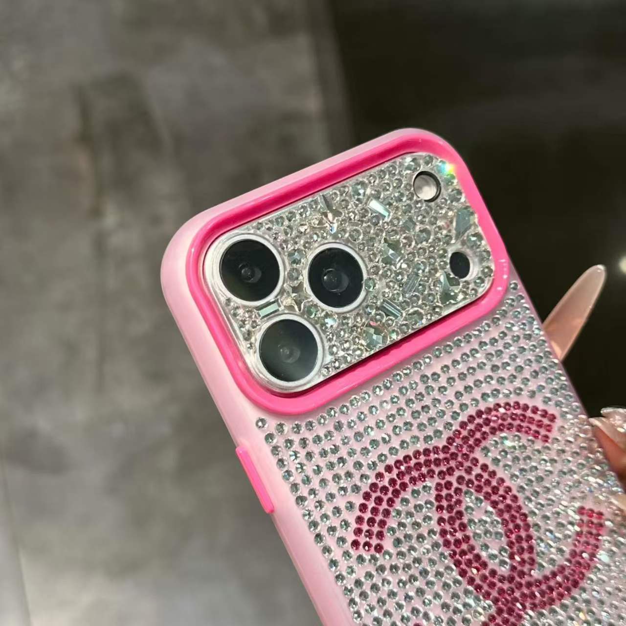 A luxurious, sparkling, and dazzling diamond iPhone phone case.