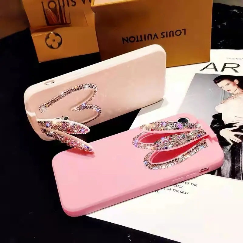 Fashion crystal bunny ear stand phone case for iphone