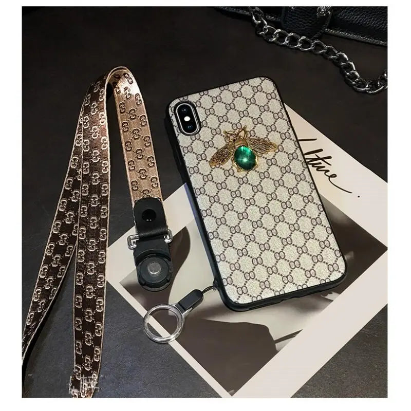 Rhinestone bee lanyard phone case
