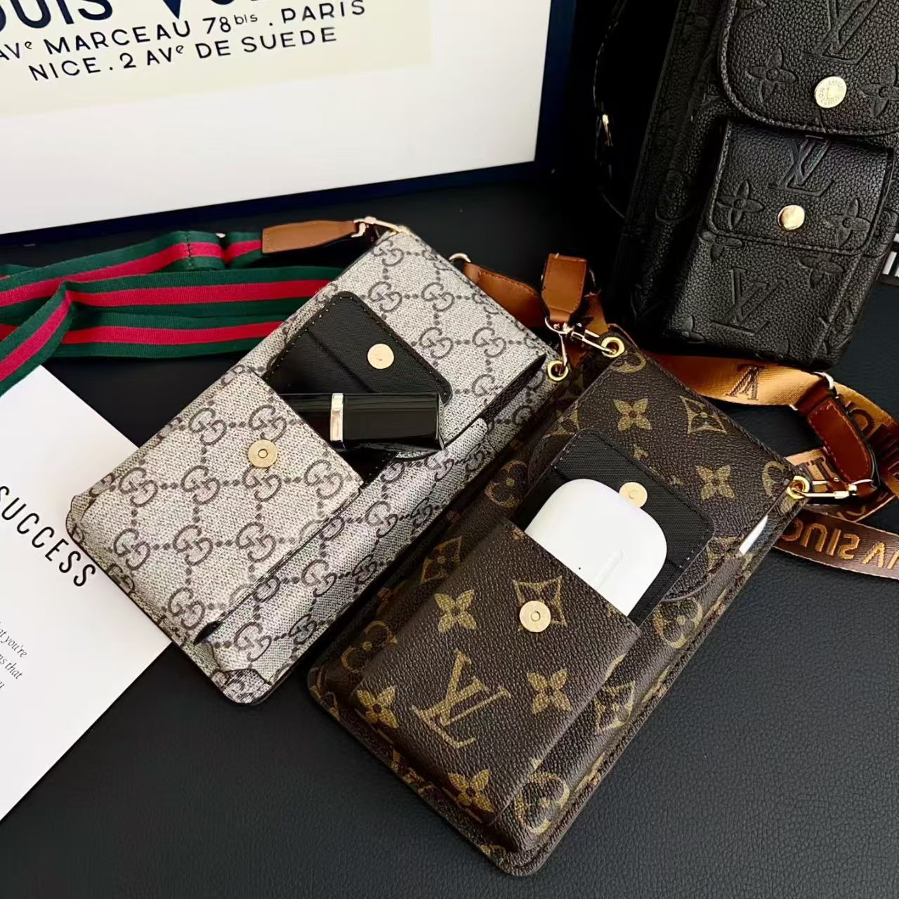 Universal Cosmetic-Style Wallet Phone Case (Fits Phones Under 6.9 Inches) with Bluetooth Earbud Pouch