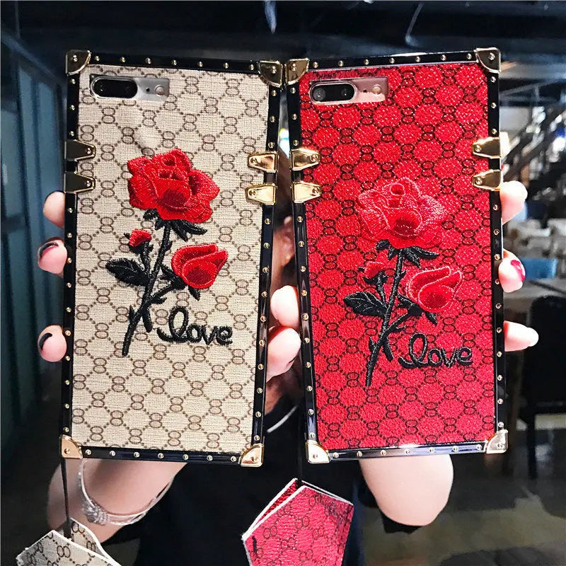 Embroidery Rose Flower Square Phone Case