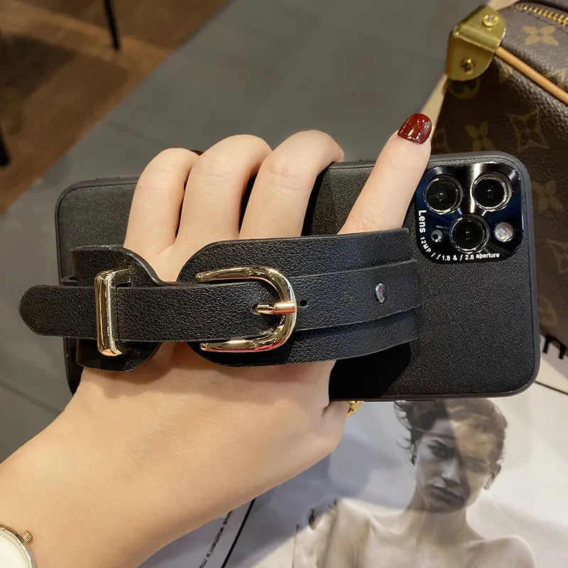 Button Leather Wristband Phone Case