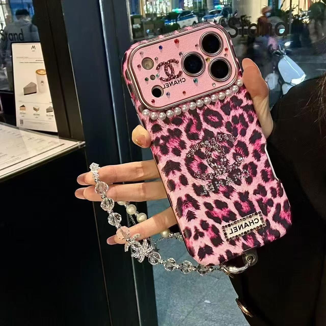 Leopard-print, pearl, and diamond iPhone case