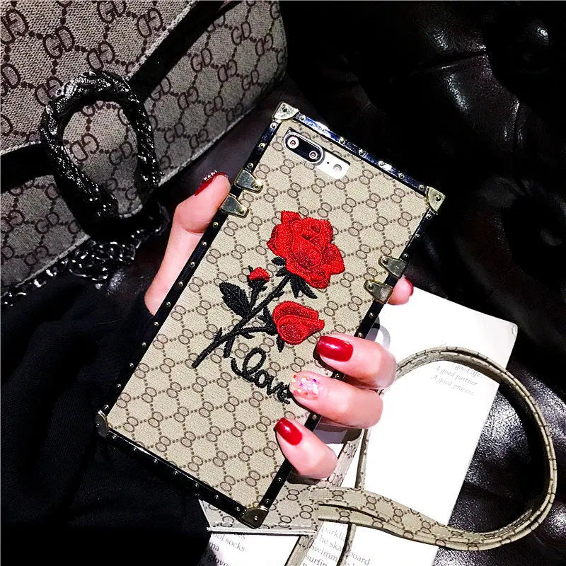 Embroidery Rose Flower Square Phone Case