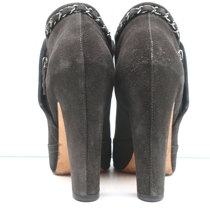 Chain-Trim Ankle Boots Dark Gray Glitter Suede Size 37 High Heel Booties