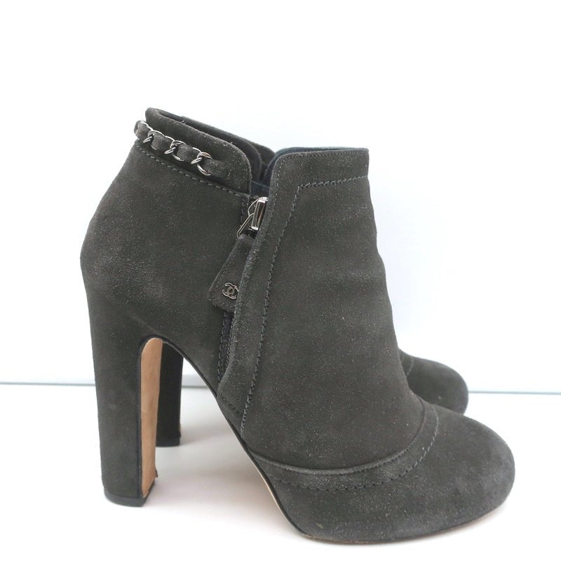 Chain-Trim Ankle Boots Dark Gray Glitter Suede Size 37 High Heel Booties