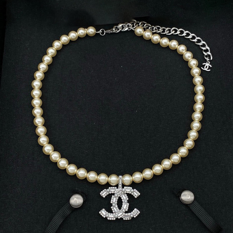 18K CC Diamond Pearl Chain Necklace