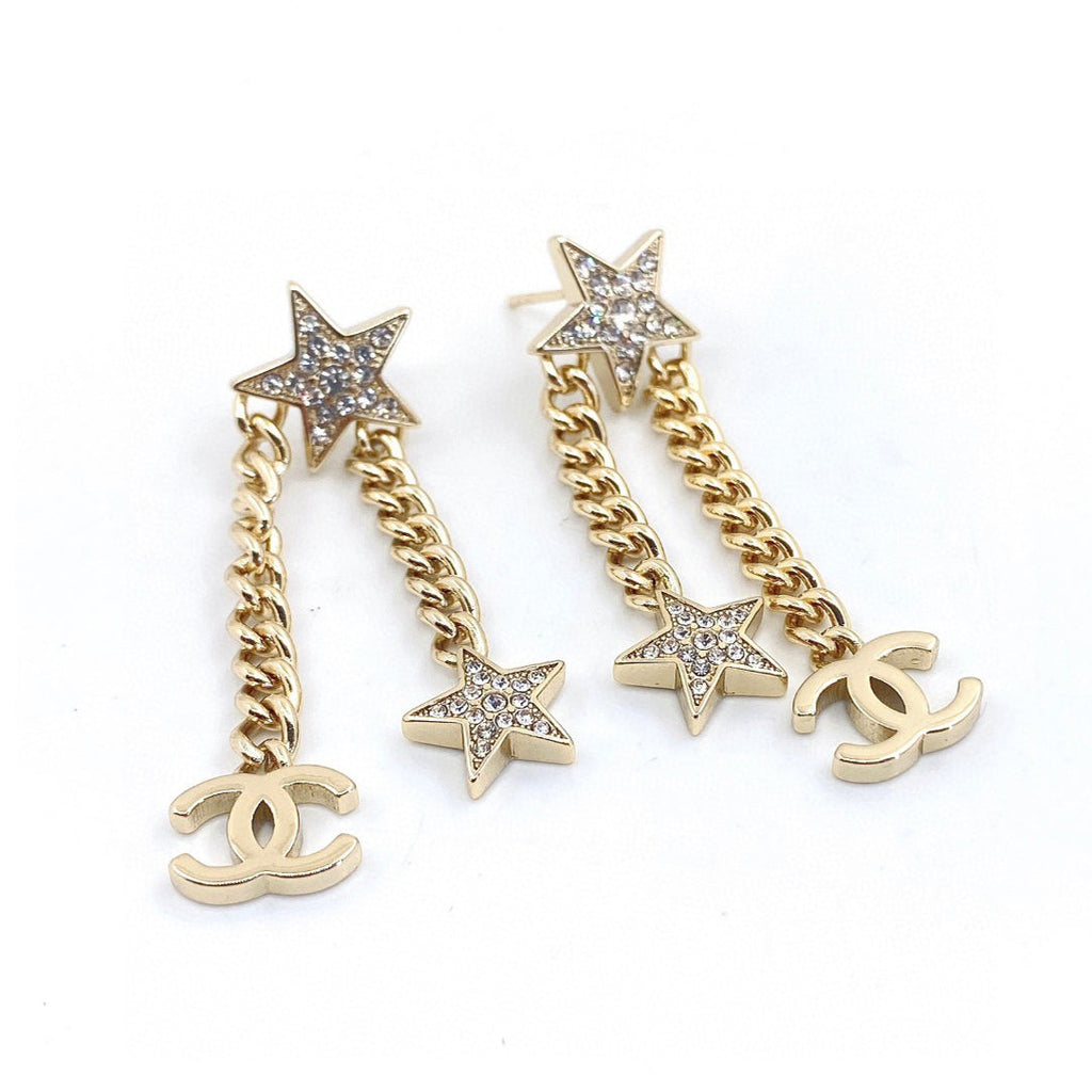 18K CC Star Diamonds Long Earrings