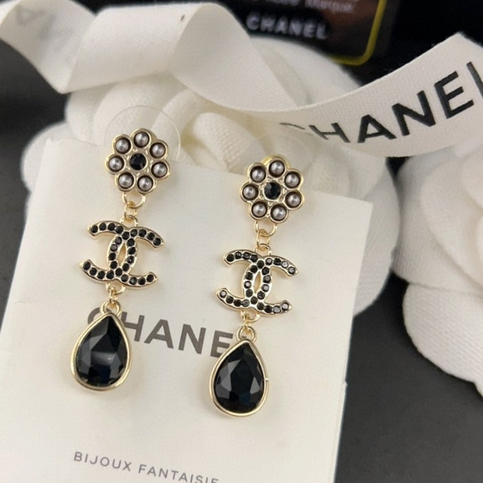 18K CC Black Crystals Earrings