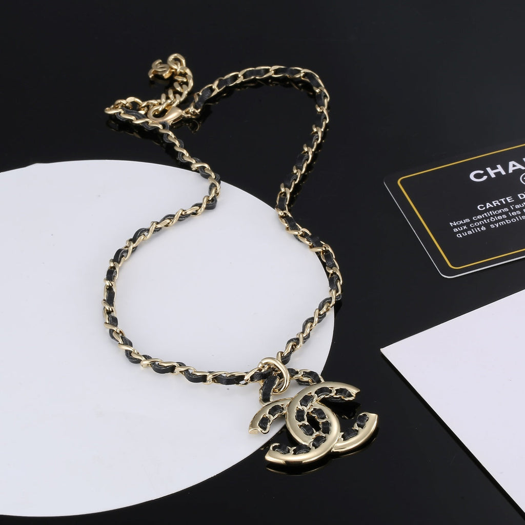 18K CC Strass Leather Necklace