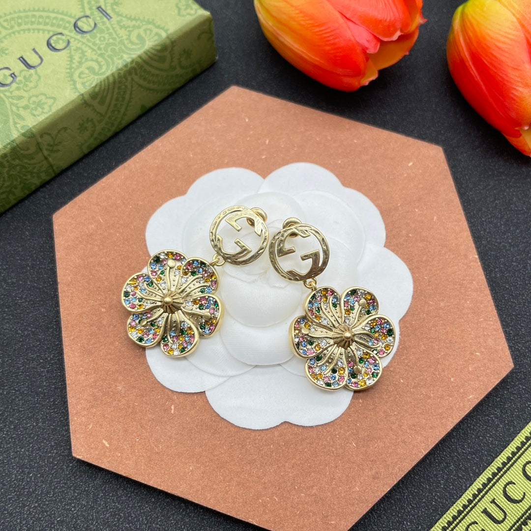 18K Double G Color Crystals Flower Earrings
