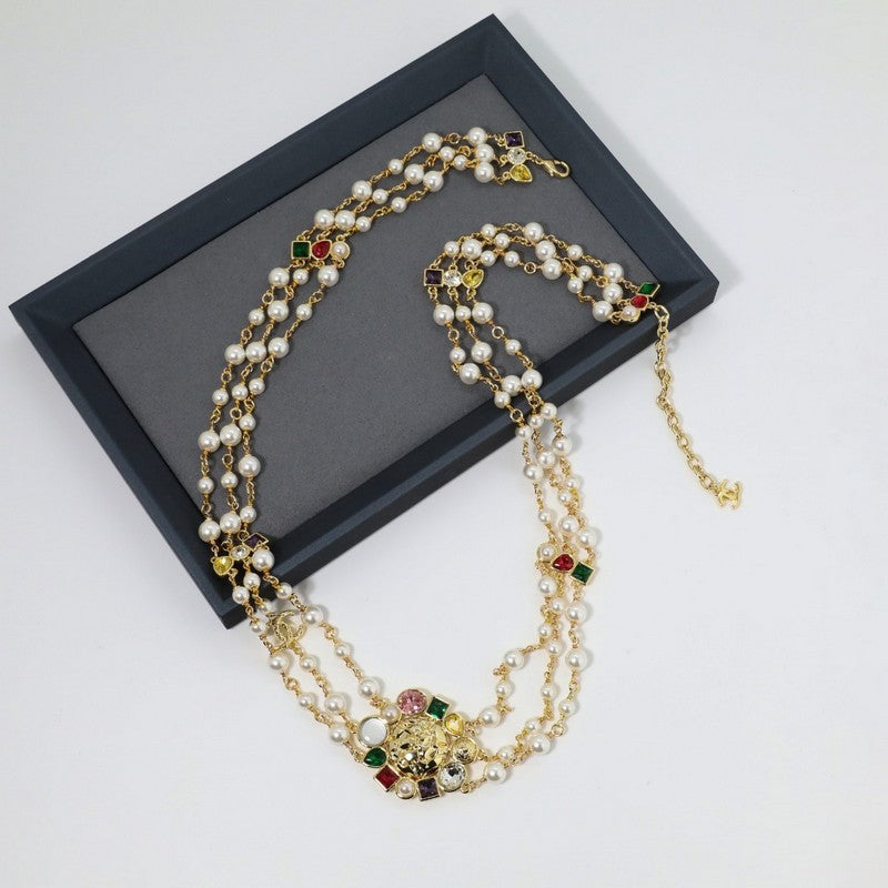 18K CC Color Crystal Long Pearl Necklace