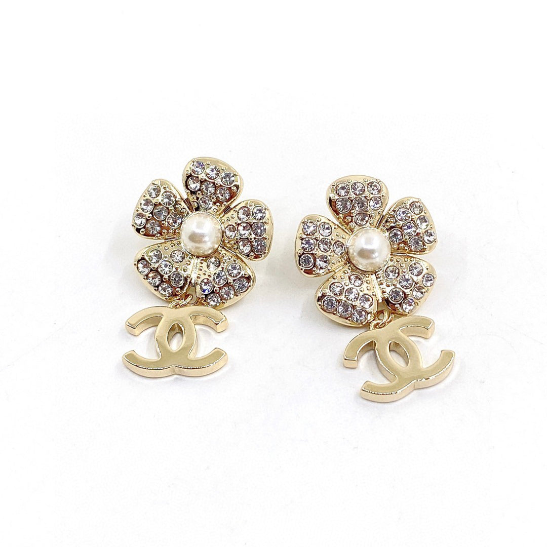 18K CC Flower Full Crystals Earrings