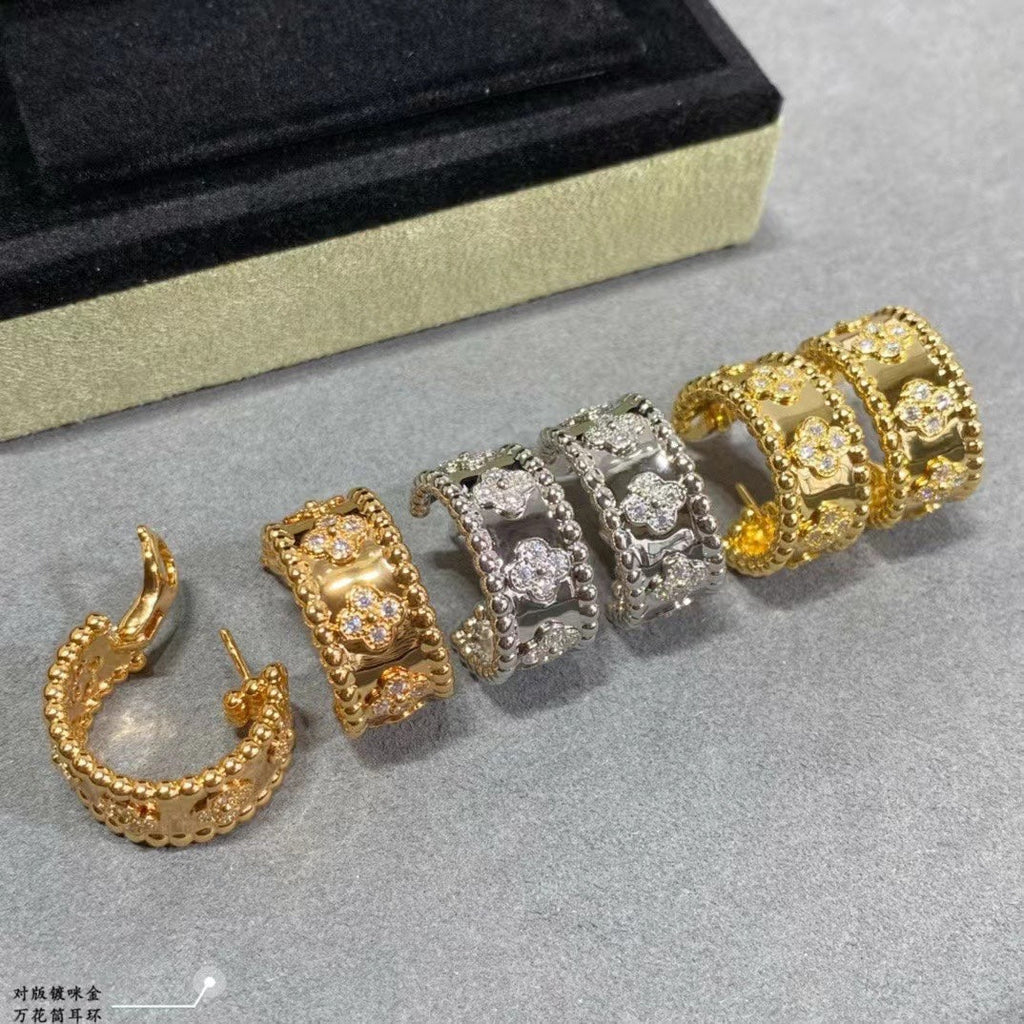 18K Yellow Gold Perlée Clovers Hoop Earrings