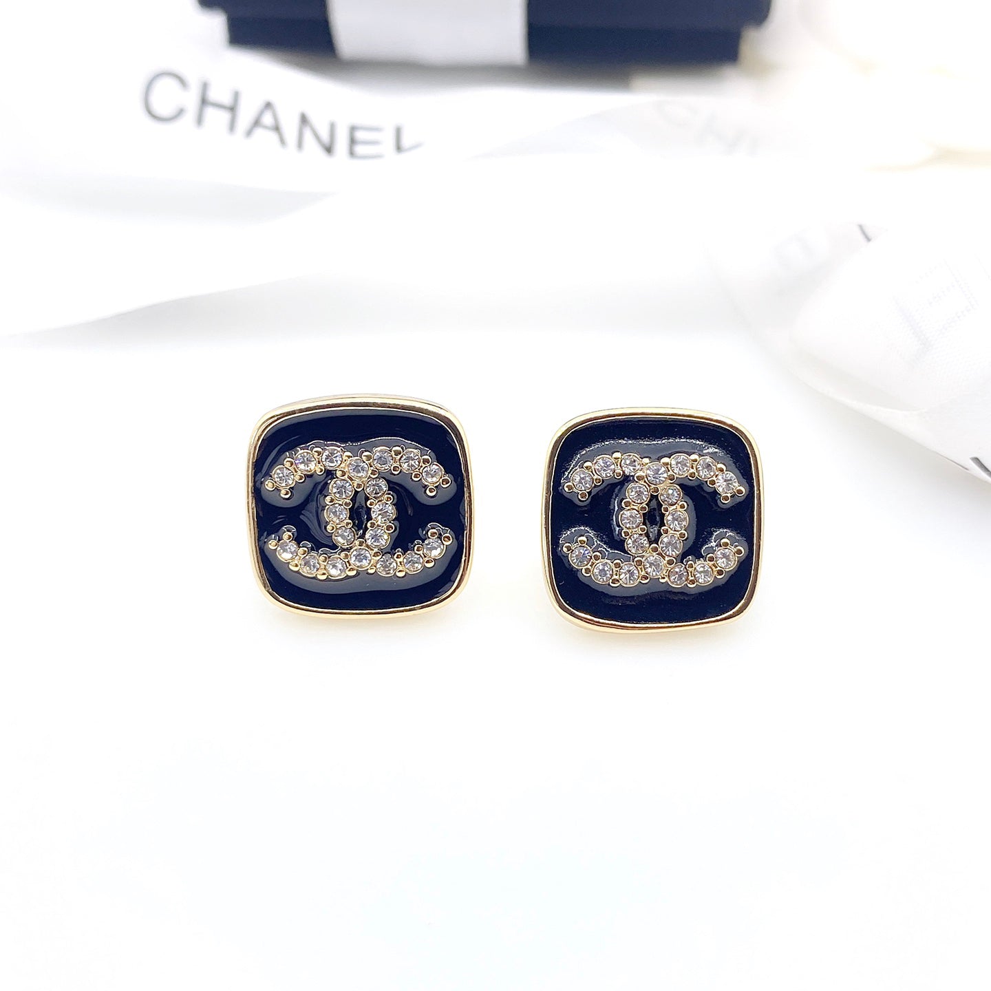 18K CC Square Resin Diamond Earrings