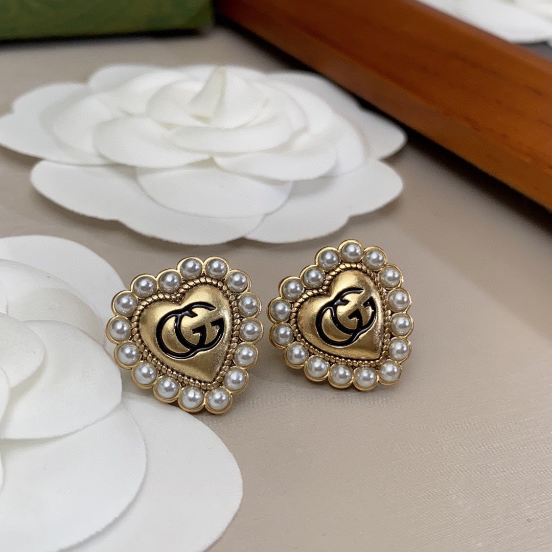18K Double G Heart Pearl Earrings