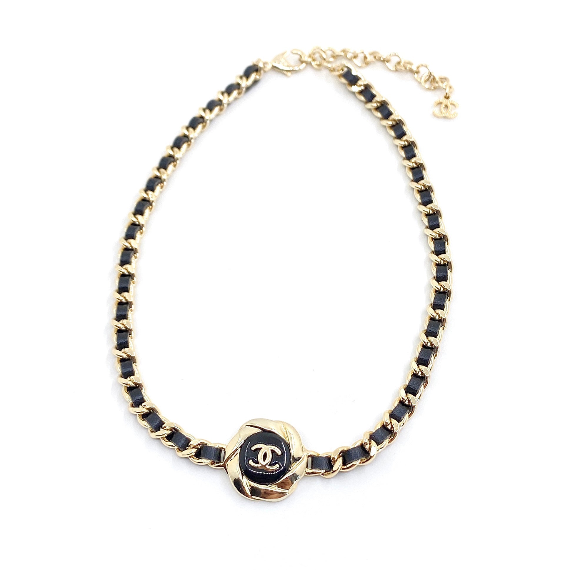 18K CC Rhinestone Leather Choker Necklace