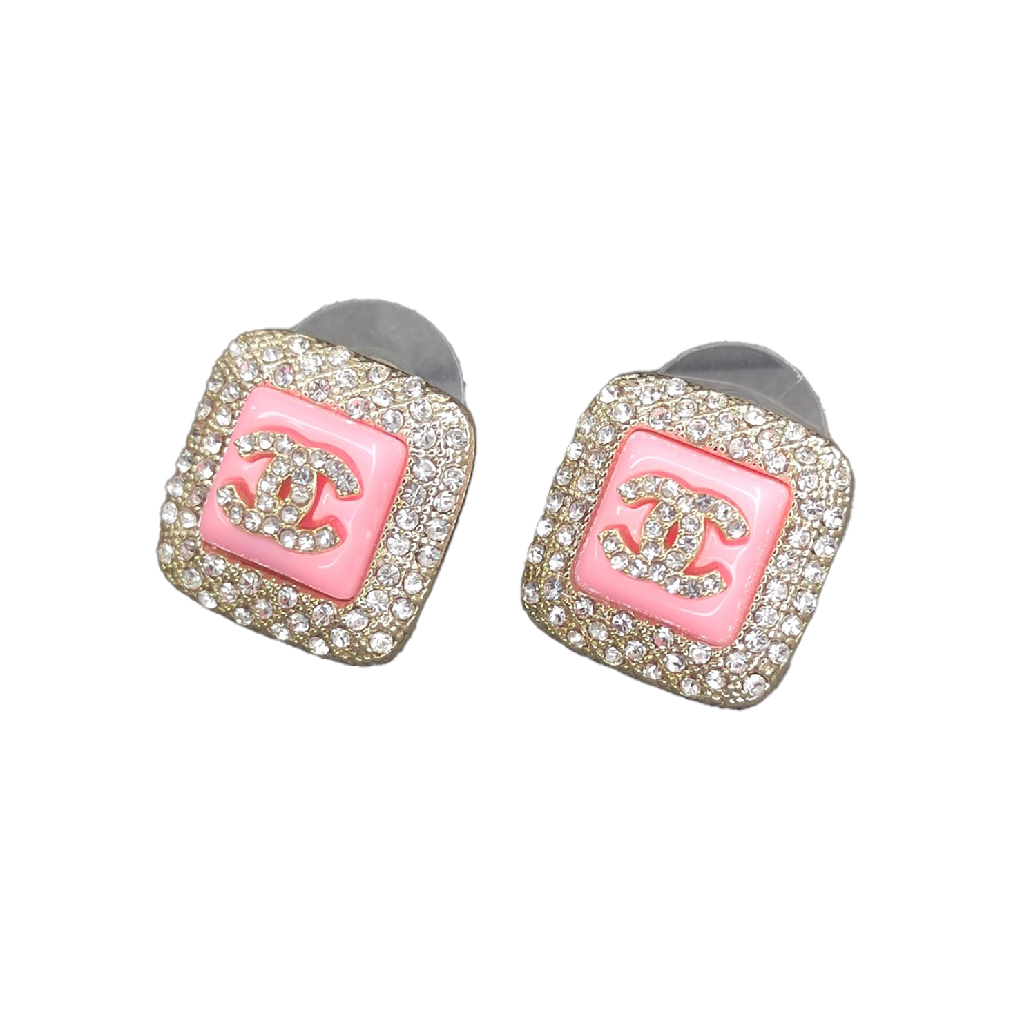 18K CC Diamond Square Pink Earrings