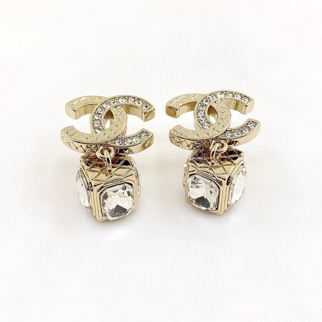 18K CC Square Crystal Pendant Earrings