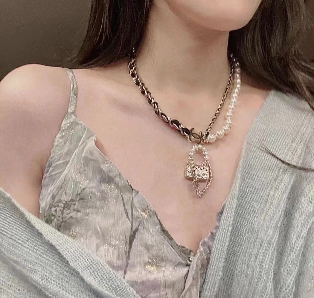 18K CC Pearl Bag Pendant Necklace