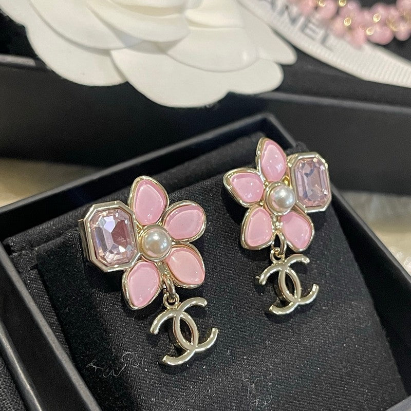 18K CC Pink Flower Gold Earring