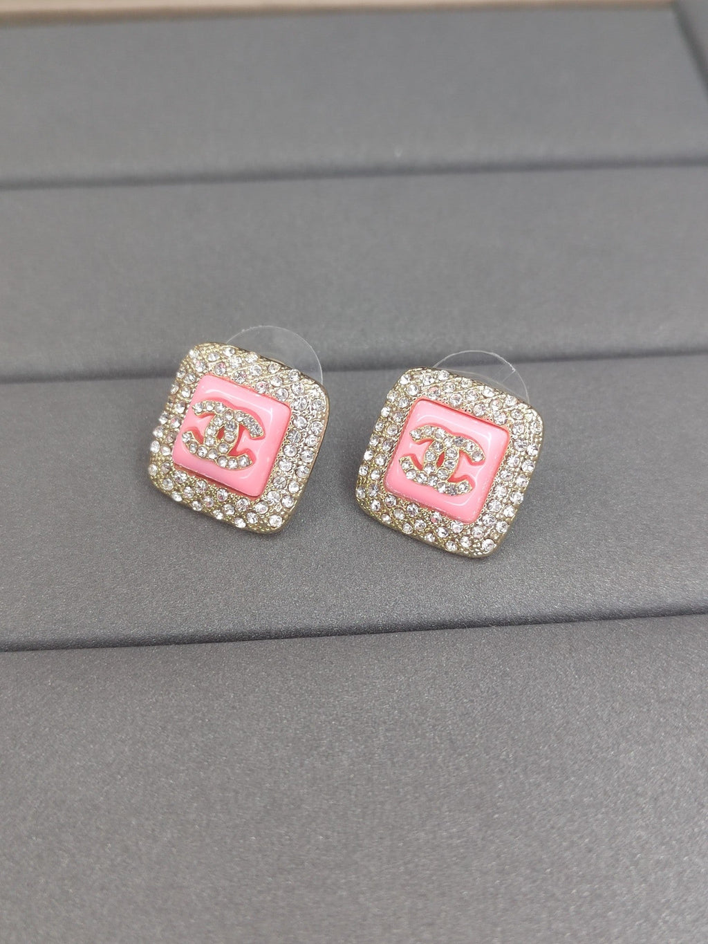 18K CC Diamond Square Pink Earrings