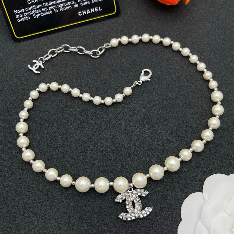 18K CC Pearl Diamond Logo Necklace