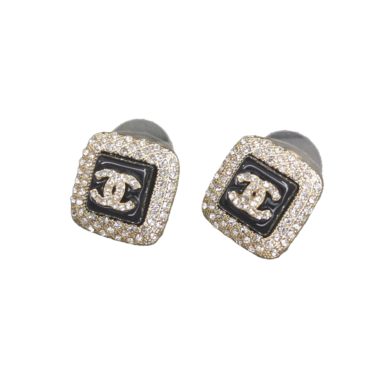 18K CC Diamond Square Black Earrings