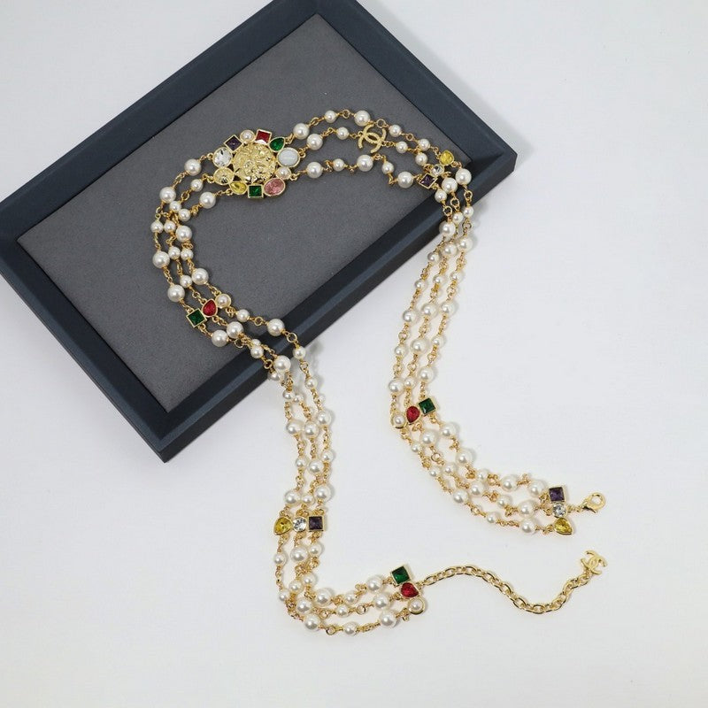 18K CC Color Crystal Long Pearl Necklace