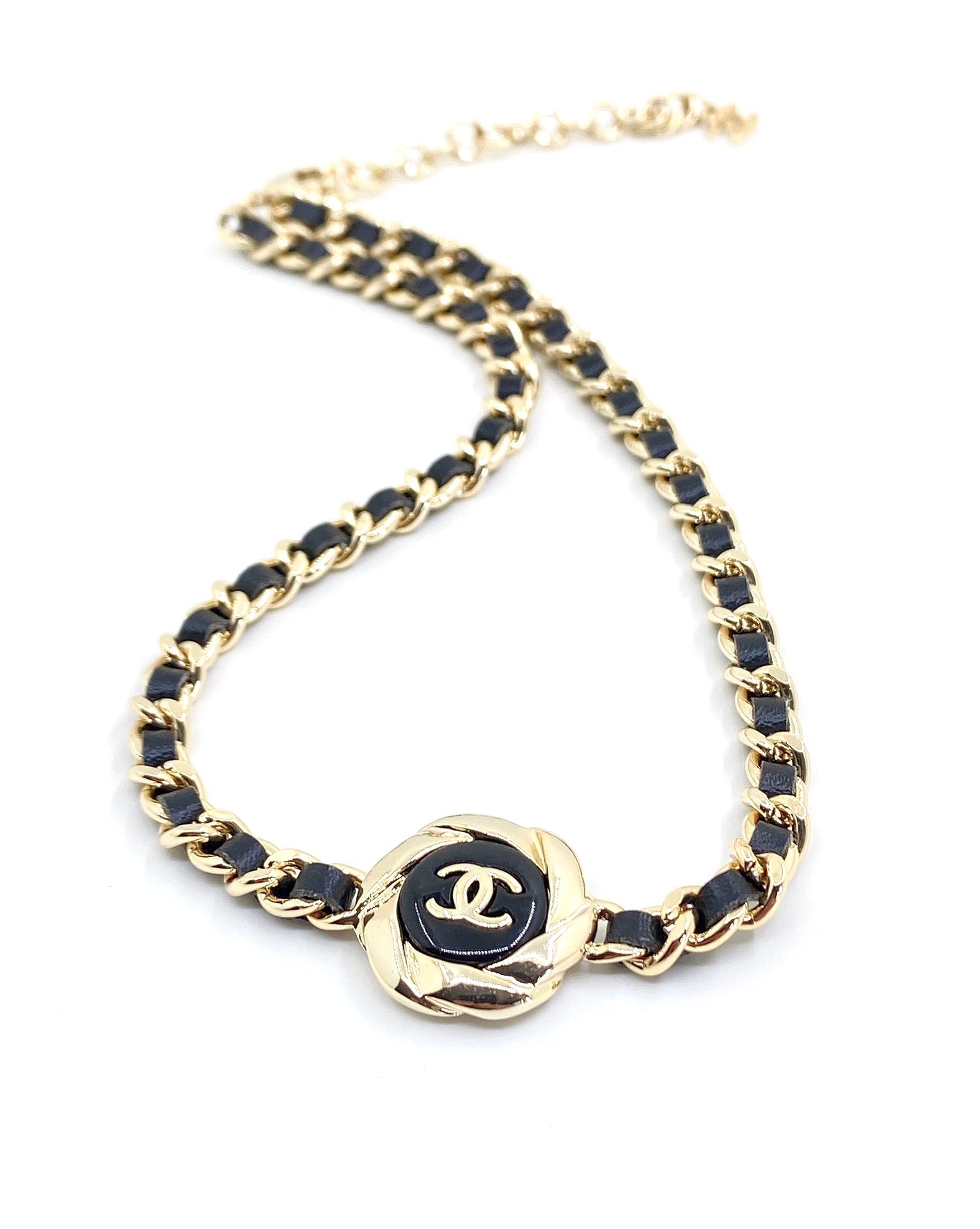 18K CC Rhinestone Leather Choker Necklace
