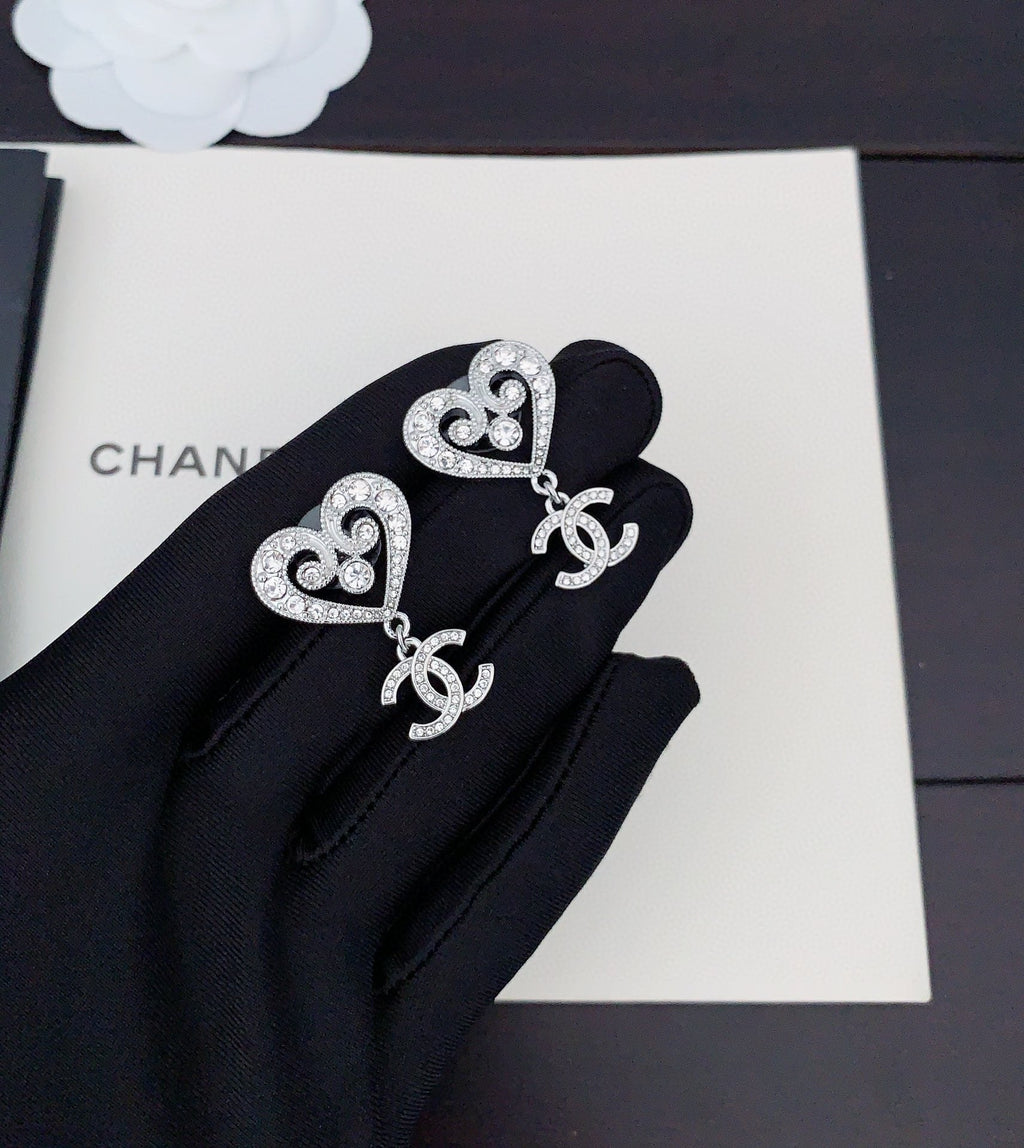18K CC Heart Diamond Earrings
